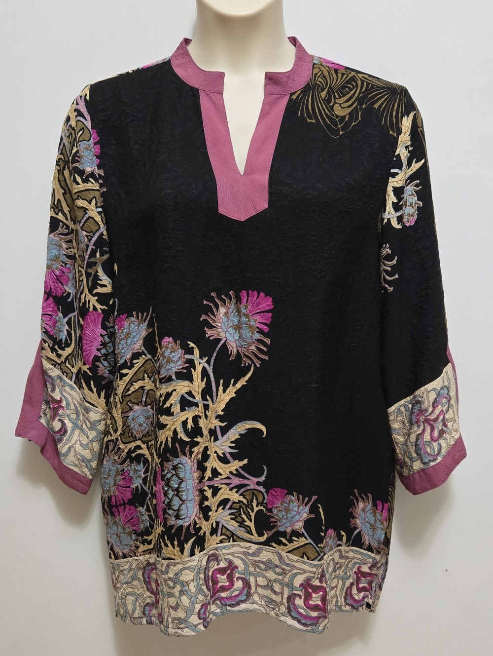 Citron 100% Silk Floral Tunic Kimono Sleeve Top XL Textured V-neck Botanical